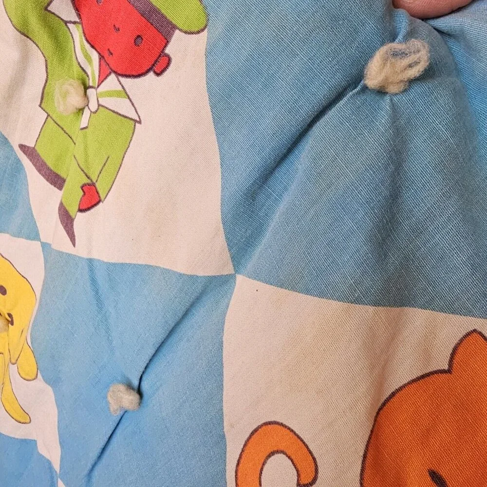 Vintage 60s 70s Kitschy Baby Quilt Blanket Reversible Alphabet Animals Checkered